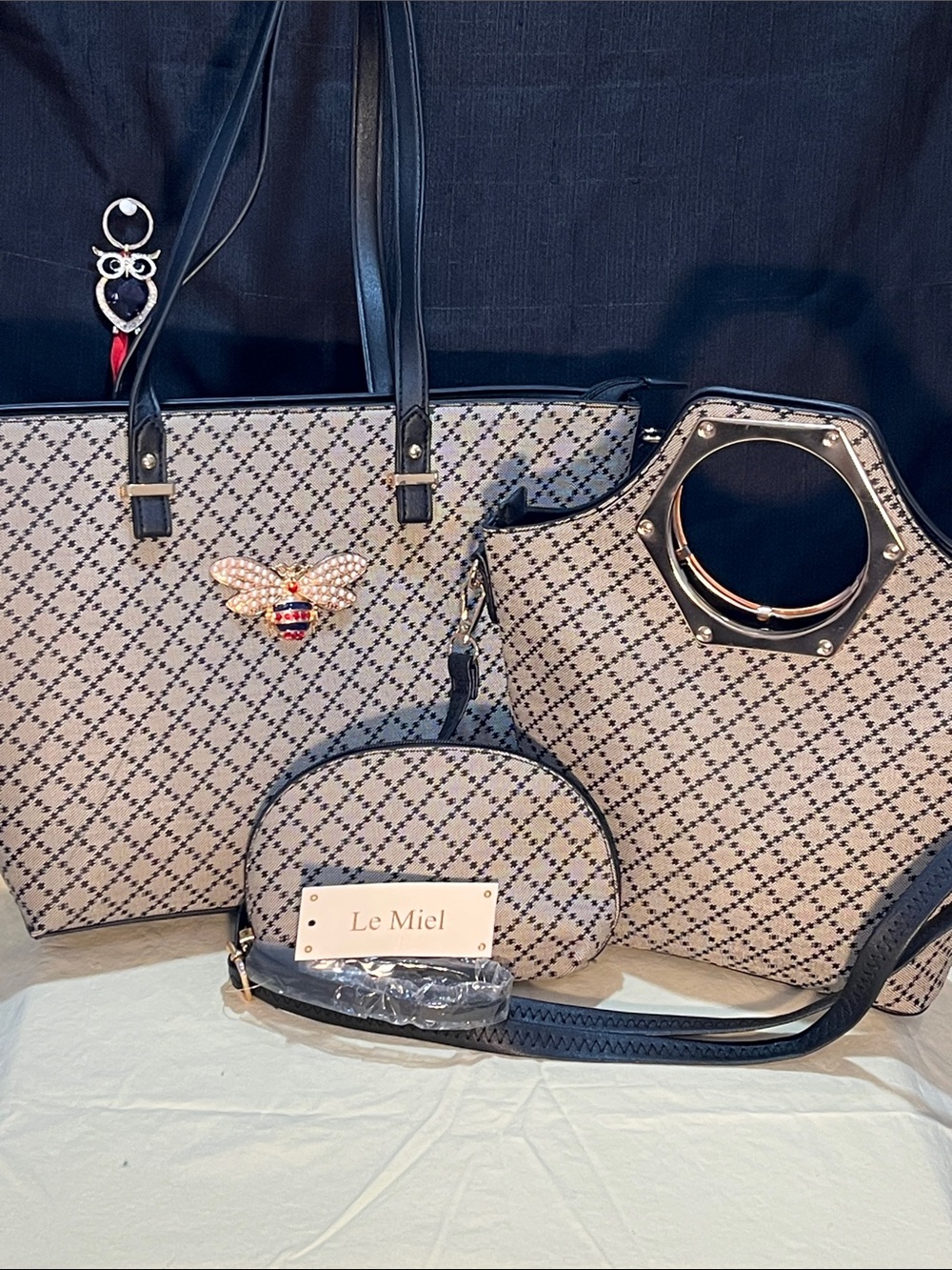 3-in-1 Le Miel Beige & Black Patterned Tote, Satchel and Crossbody Set